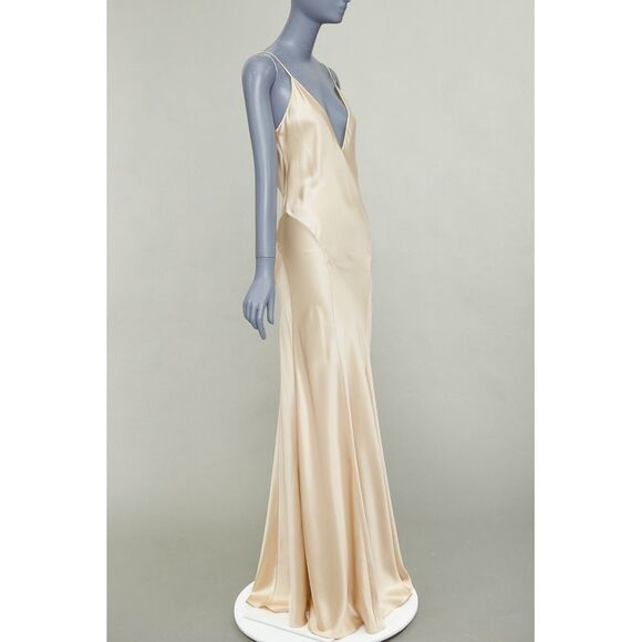 SAINT LAURENT 2024 rose champagne satin plunge contour panel slip gown FR36 S - Picture 3 of 10
